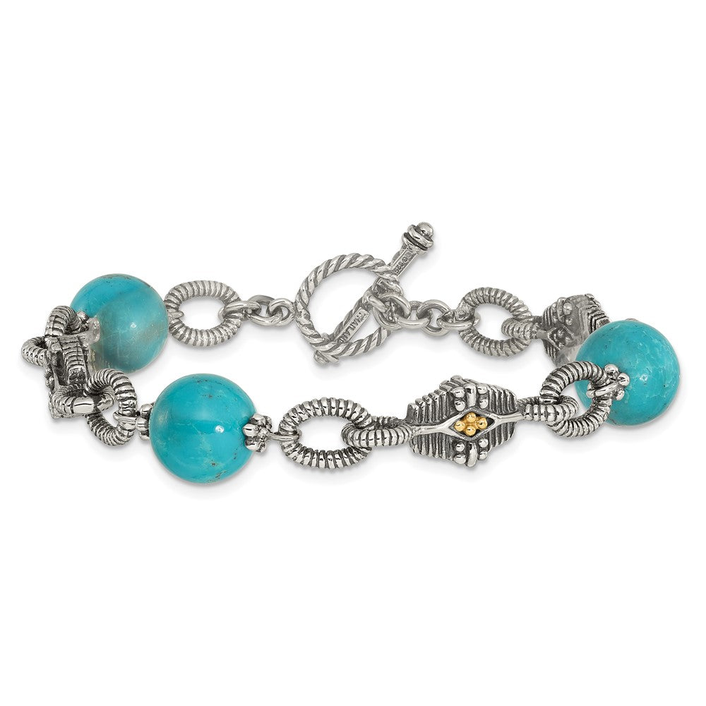 Sterling Silver Antiqued w/14k Reconstructed Turquoise Bracelet