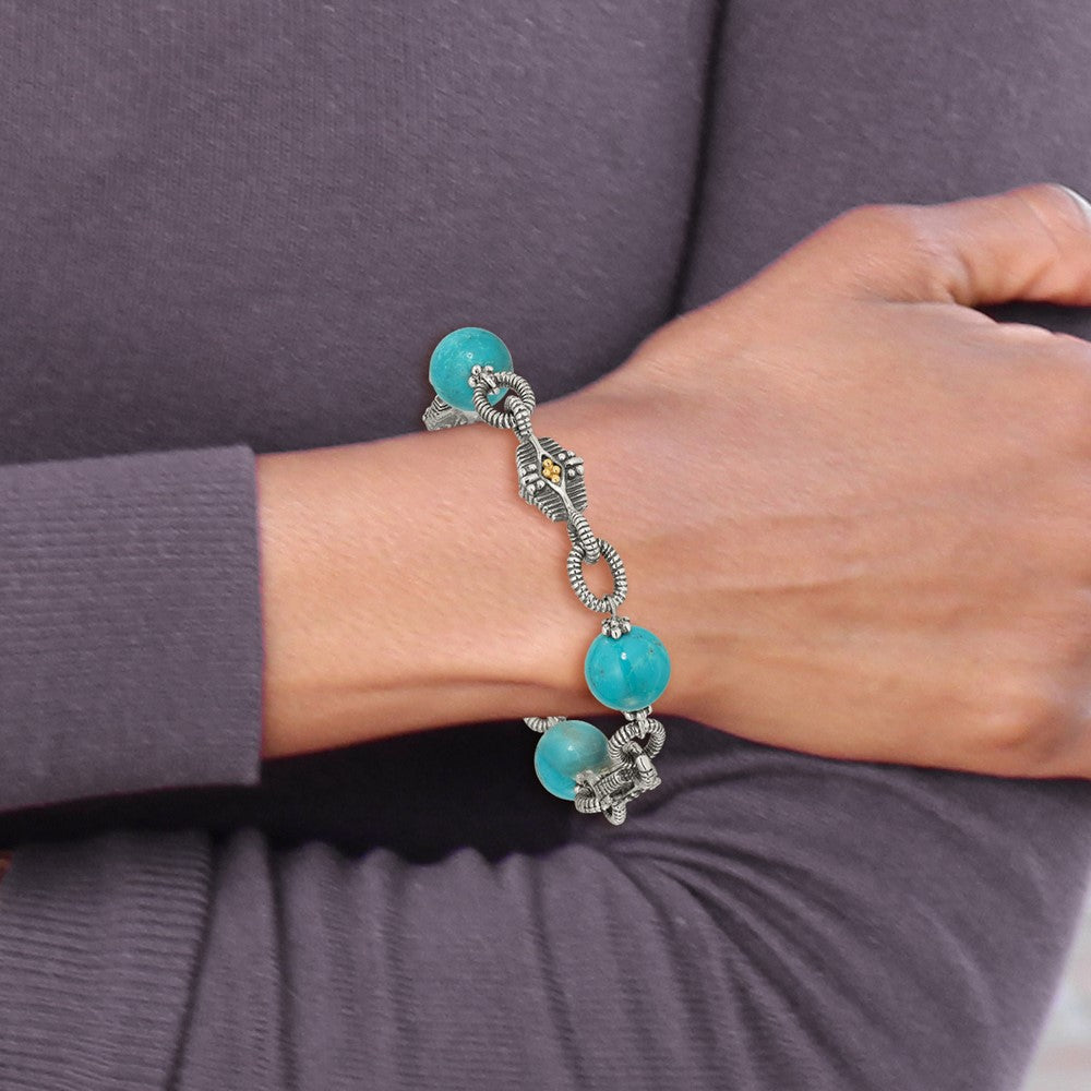 Sterling Silver Antiqued w/14k Reconstructed Turquoise Bracelet
