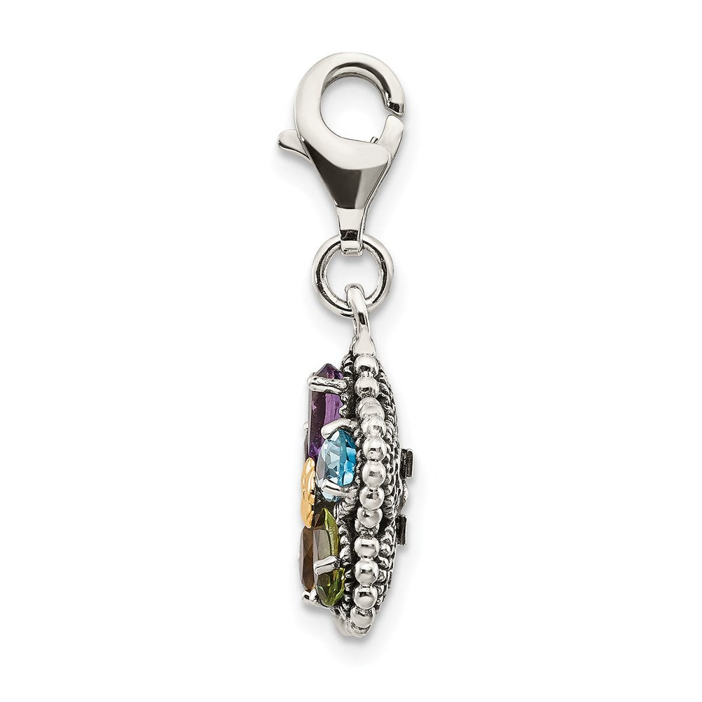 Sterling Silver w/14k Antiqued Multi Gemstone Flower w/Lobster Clasp Charm