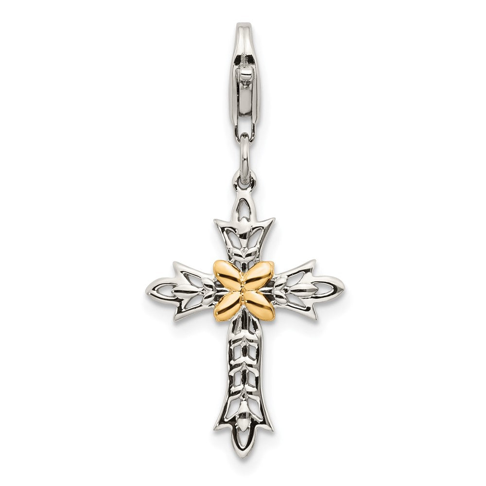 Sterling Silver w/14k 3-D Antiqued Cross w/Lobster Clasp Charm