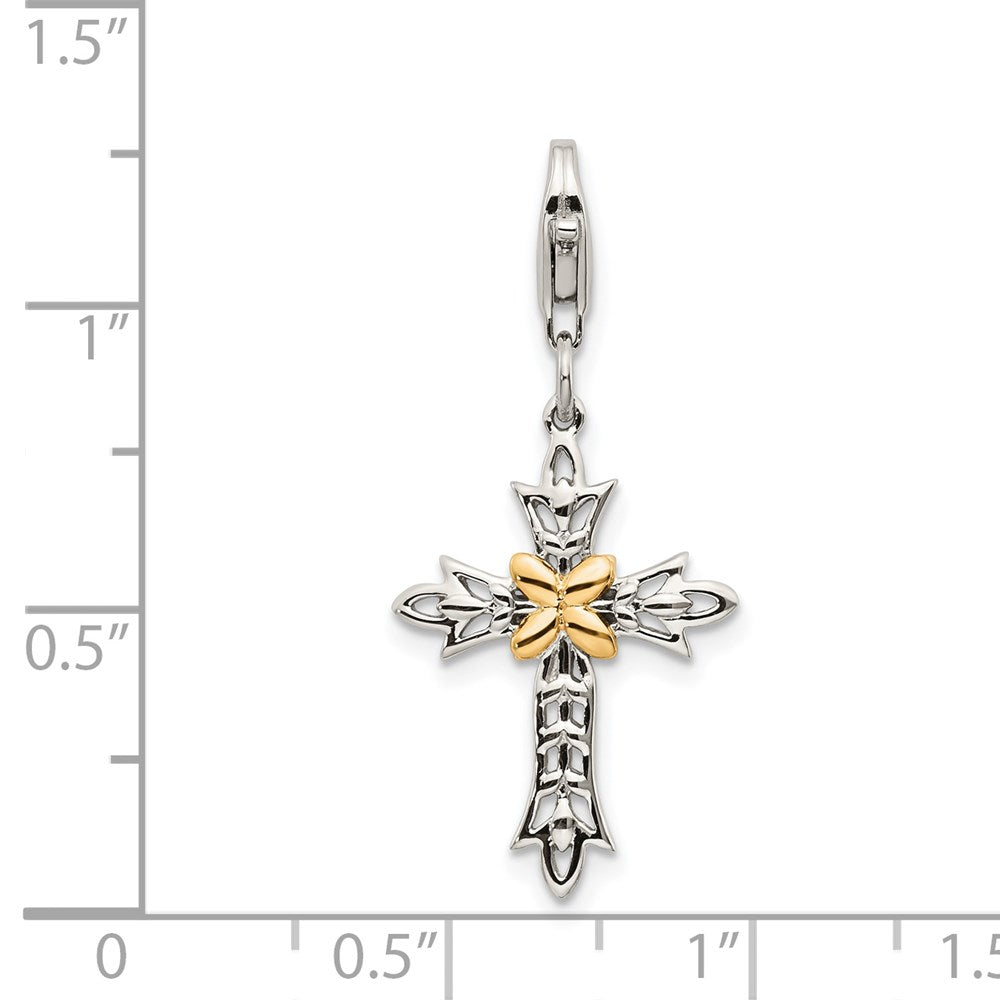 Sterling Silver w/14k 3-D Antiqued Cross w/Lobster Clasp Charm