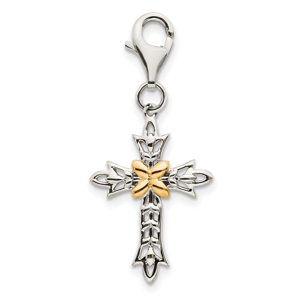 Sterling Silver w/14k 3-D Antiqued Cross w/Lobster Clasp Charm