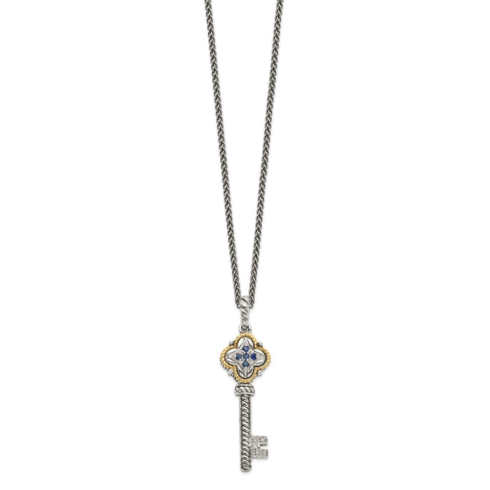 Sterling Silver Antiqued w/14k Sapphire & Diamond Key Necklace