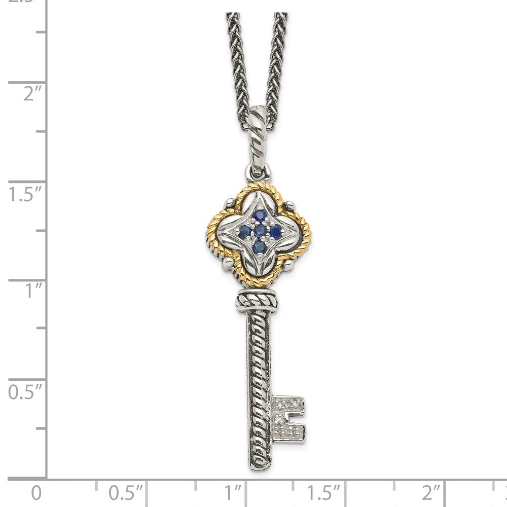 Sterling Silver Antiqued w/14k Sapphire & Diamond Key Necklace