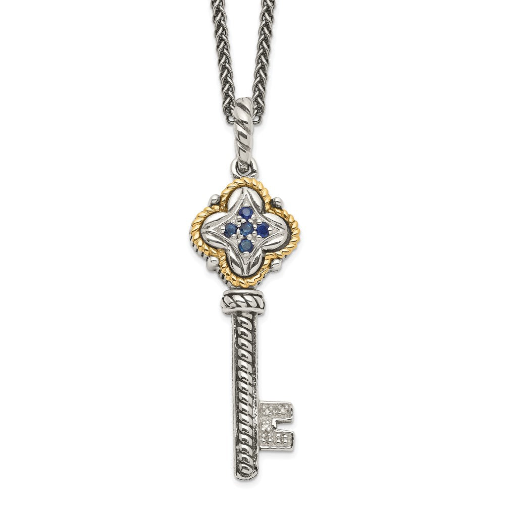 Sterling Silver Antiqued w/14k Sapphire & Diamond Key Necklace