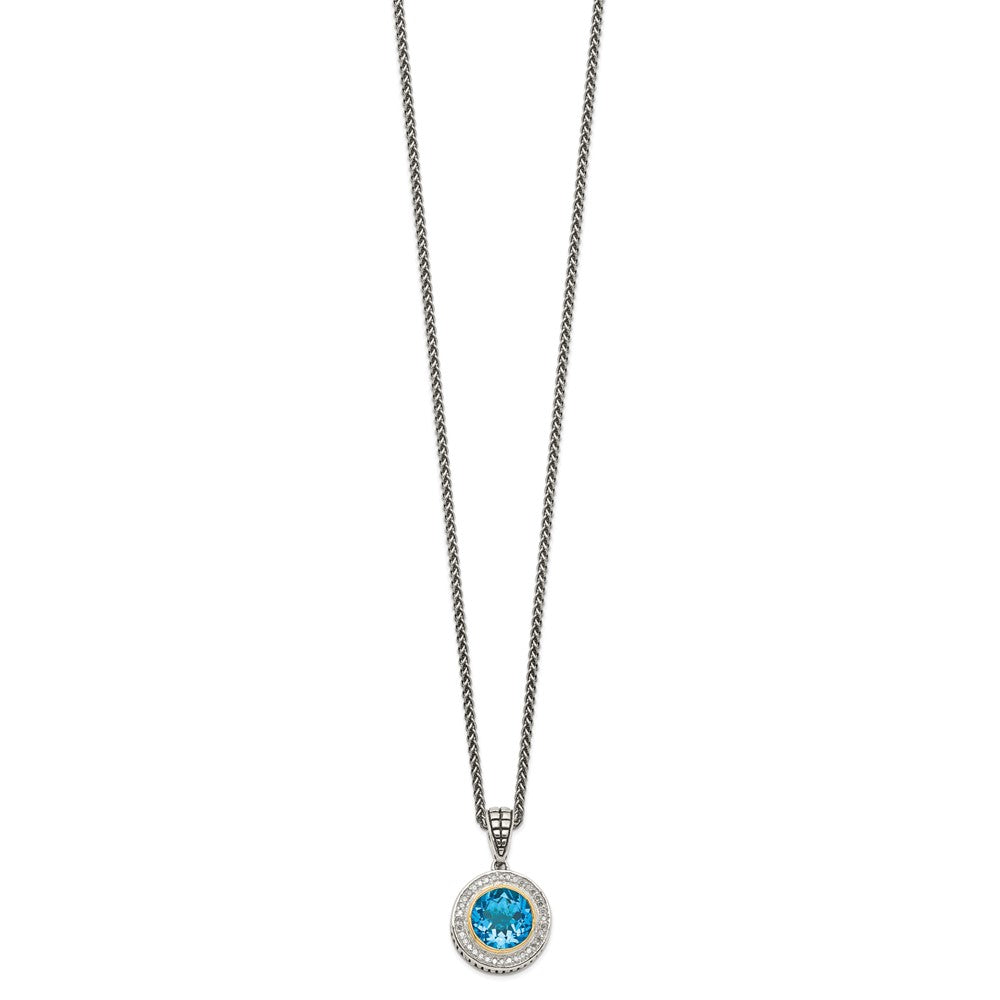 Sterling Silver Antiqued w/14K Swiss Blue Topaz & Diamond Necklace