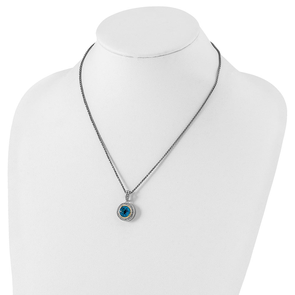 Sterling Silver Antiqued w/14K Swiss Blue Topaz & Diamond Necklace