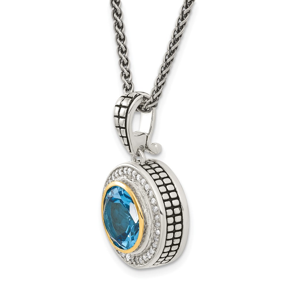 Sterling Silver Antiqued w/14K Swiss Blue Topaz & Diamond Necklace