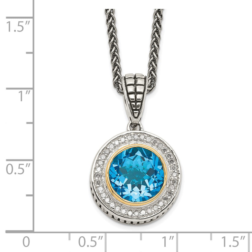Sterling Silver Antiqued w/14K Swiss Blue Topaz & Diamond Necklace
