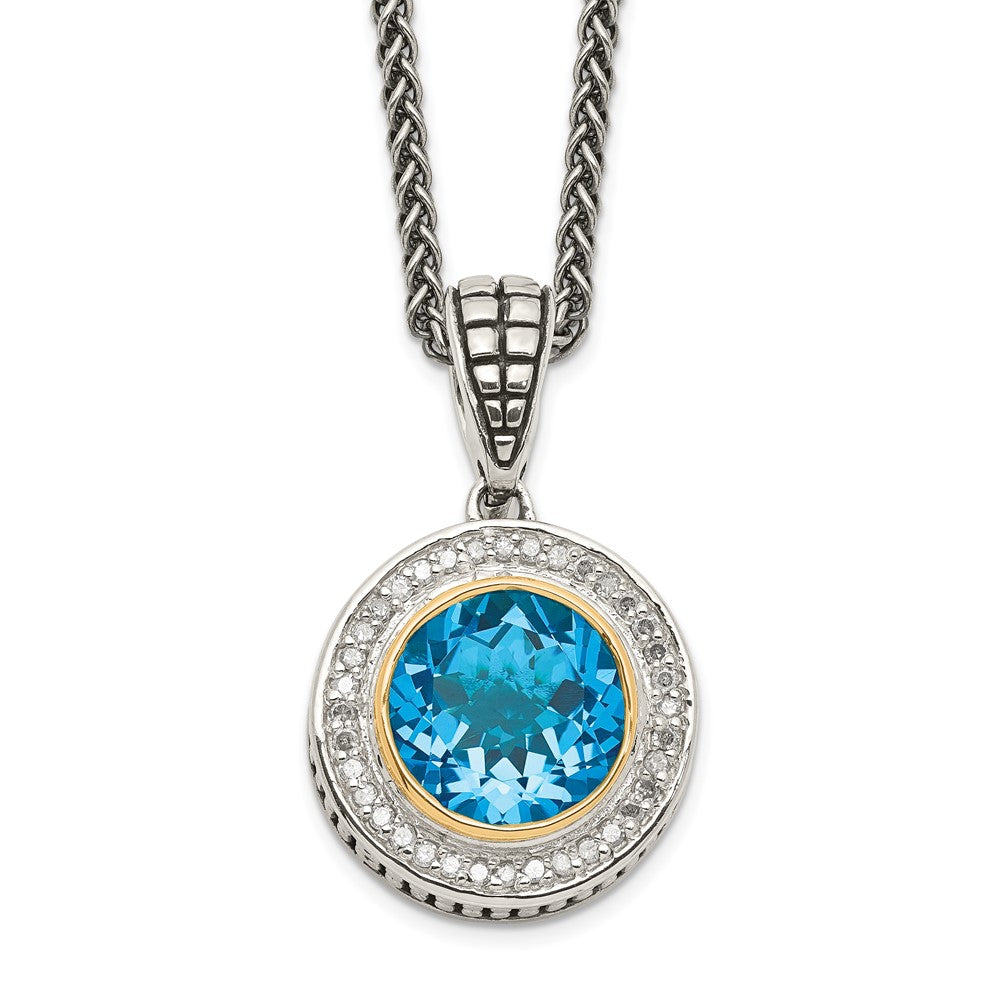 Sterling Silver Antiqued w/14K Swiss Blue Topaz & Diamond Necklace
