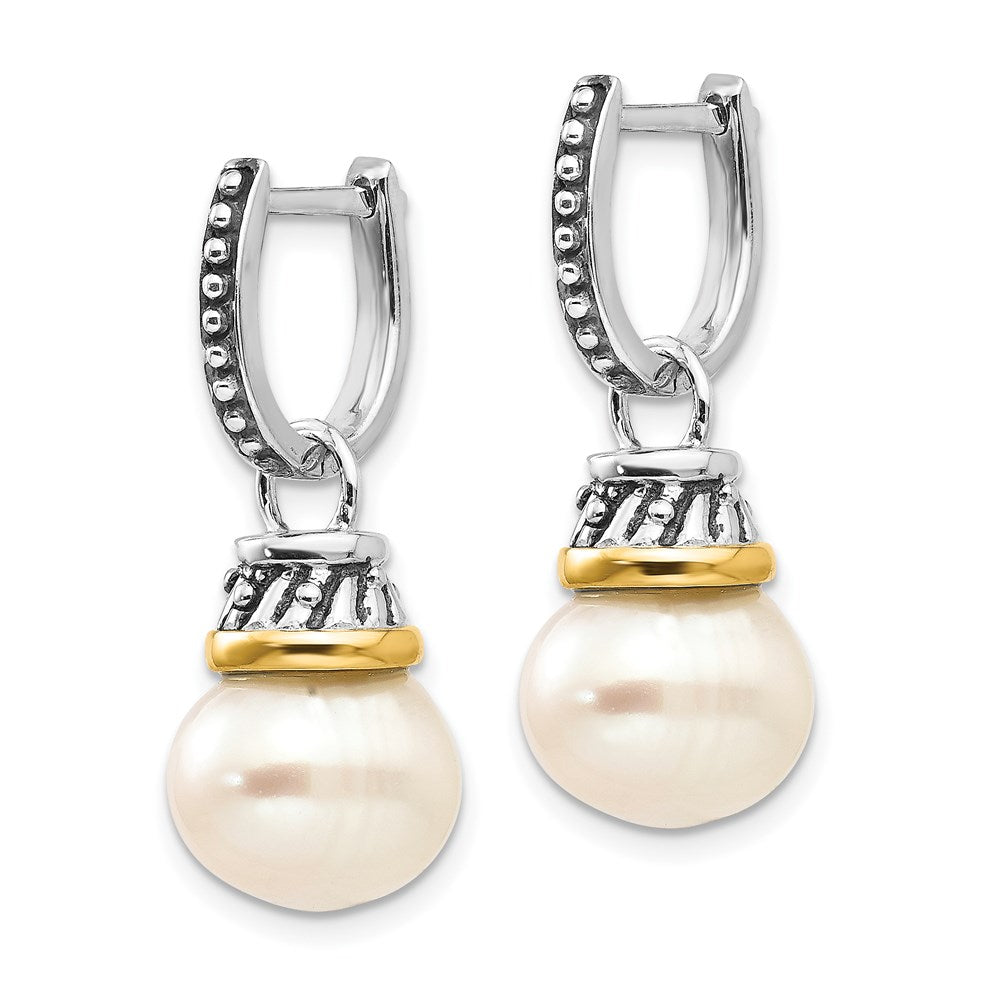 Sterling Silver Antiqued w/14k 10mm FW Cultured Pearl Dangle Earrings