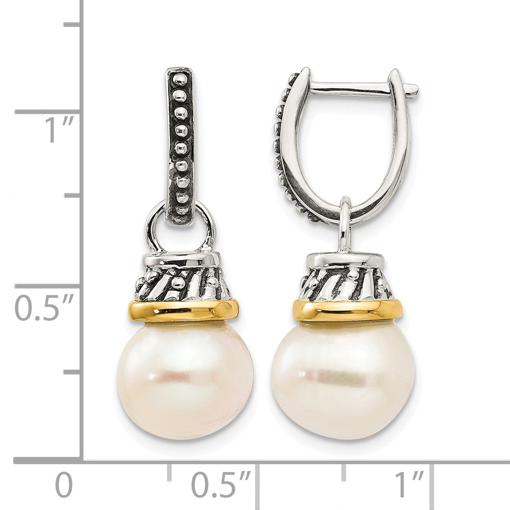 Sterling Silver Antiqued w/14k 10mm FW Cultured Pearl Dangle Earrings