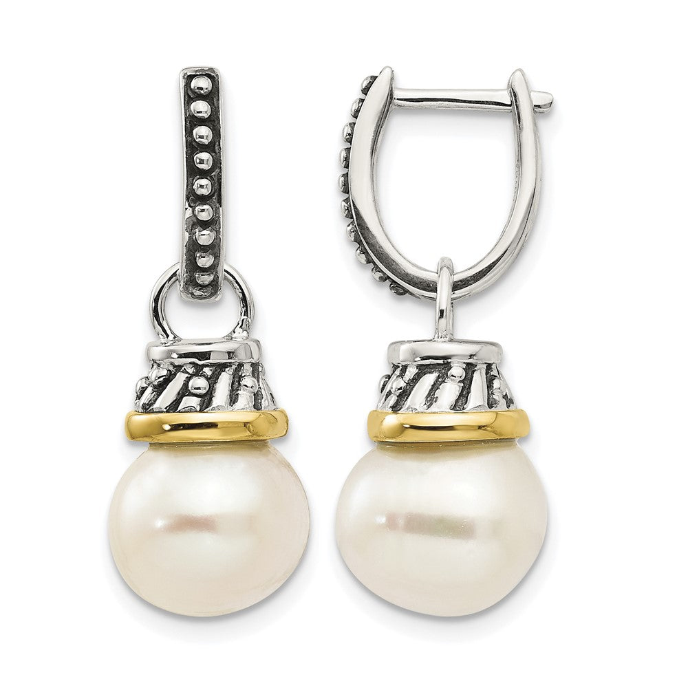 Sterling Silver Antiqued w/14k 10mm FW Cultured Pearl Dangle Earrings