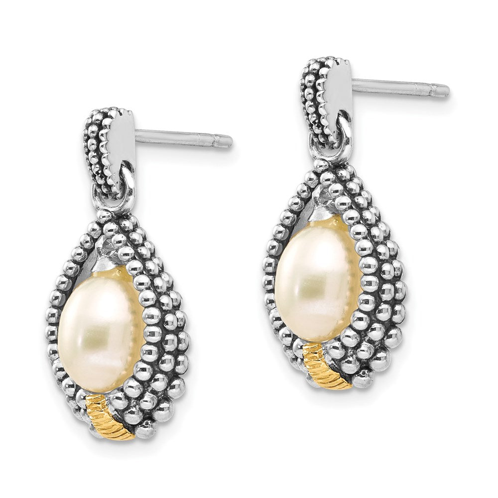 Sterling Silver Antiqued w/14k 7x5mm FW Cultured Pearl Drop Earrings