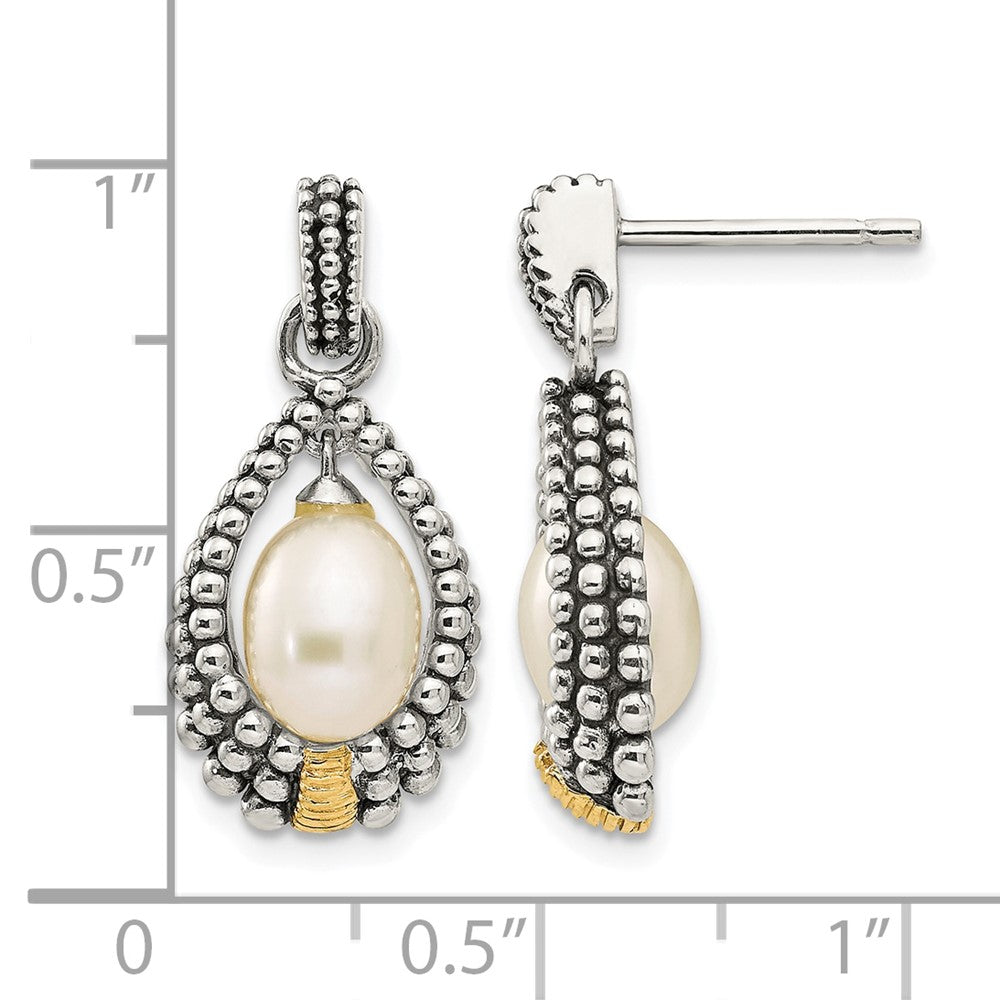 Sterling Silver Antiqued w/14k 7x5mm FW Cultured Pearl Drop Earrings