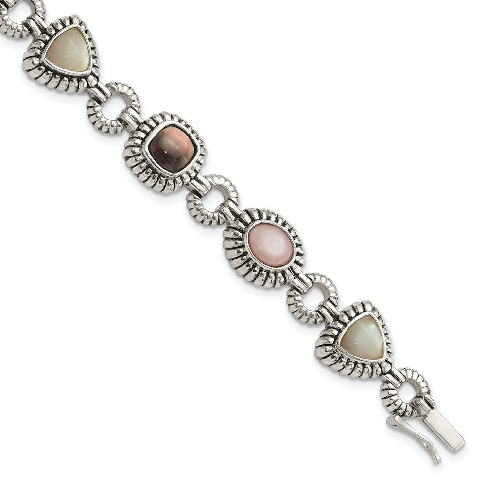 Sterling Silver Antiqued Pink/Black/White Mother of Pearl 7.75in Bracelet