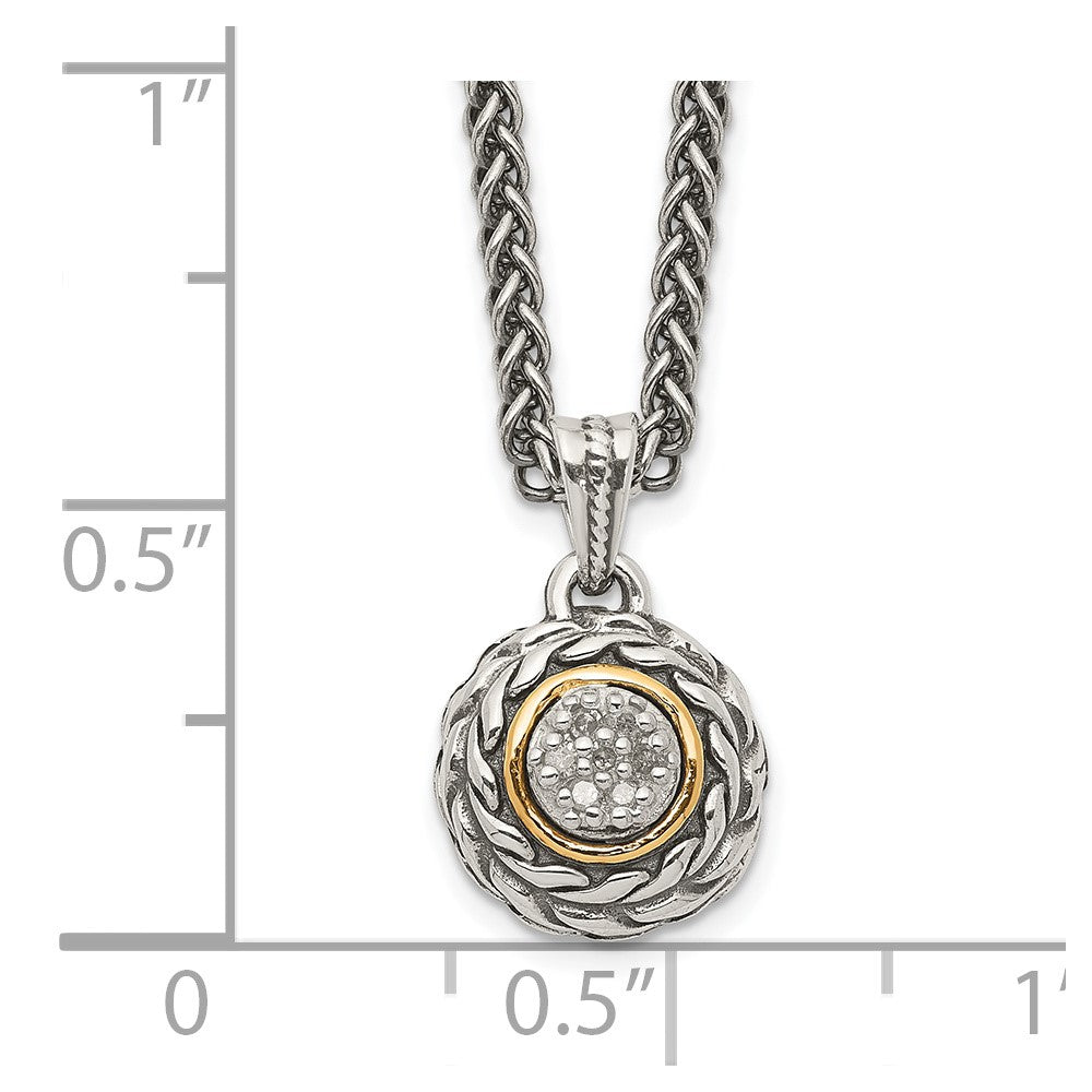 Sterling Silver Antiqued w/14k Diamond Round Pendant Necklace