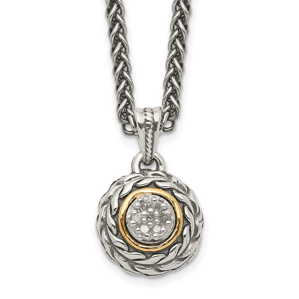 Sterling Silver Antiqued w/14k Diamond Round Pendant Necklace