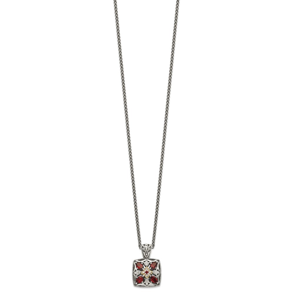 Sterling Silver Antiqued w/14k Diamond & Garnet Necklace