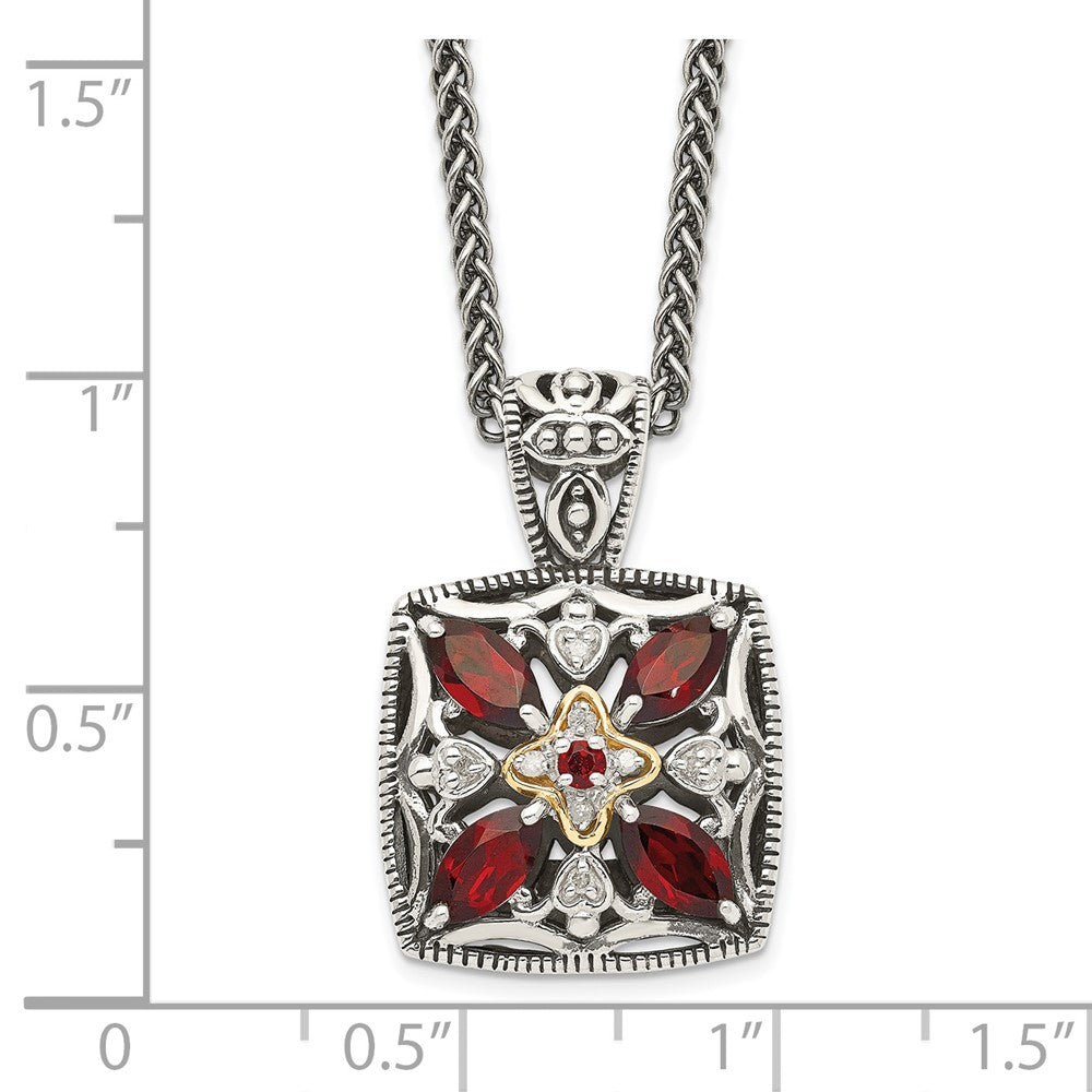 Sterling Silver Antiqued w/14k Diamond & Garnet Necklace
