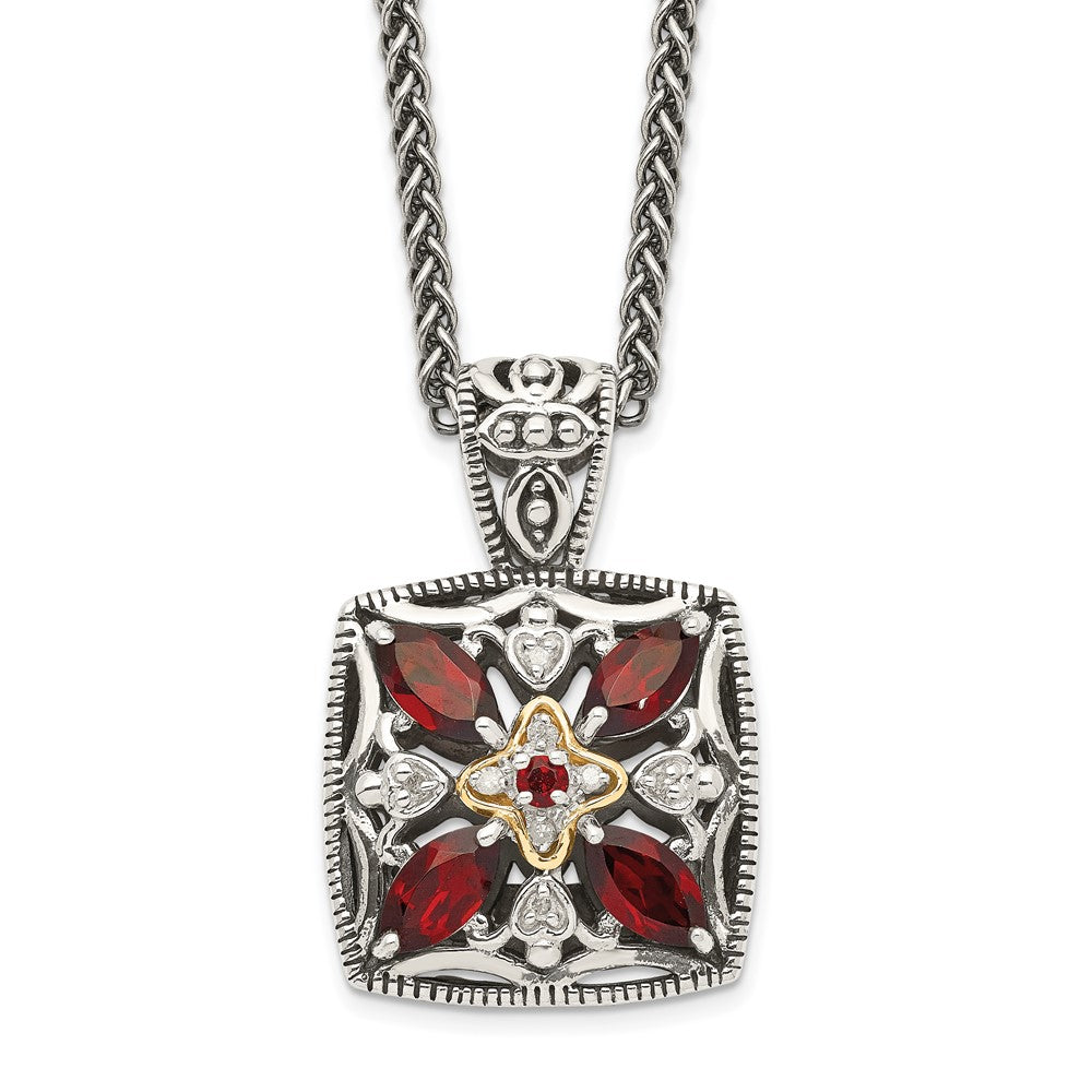 Sterling Silver Antiqued w/14k Diamond & Garnet Necklace