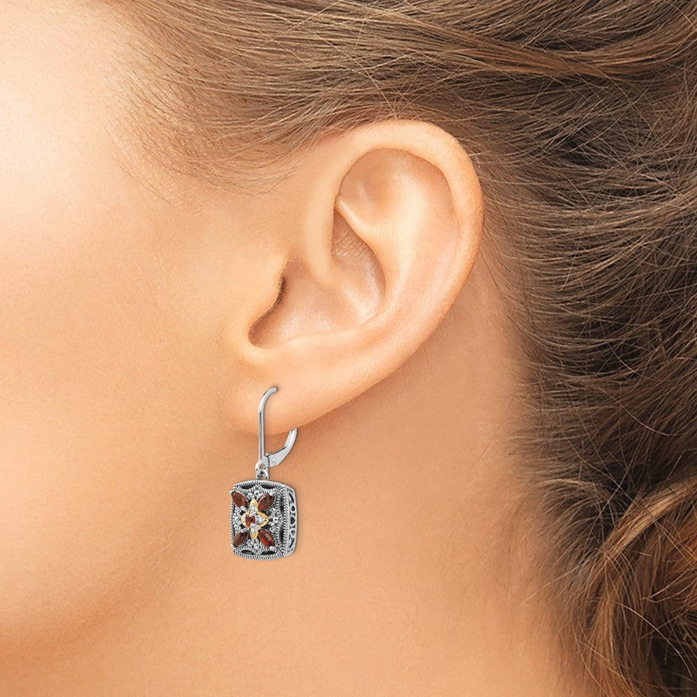 Sterling Silver Antiqued w/14k Diamond & Garnet Earrings