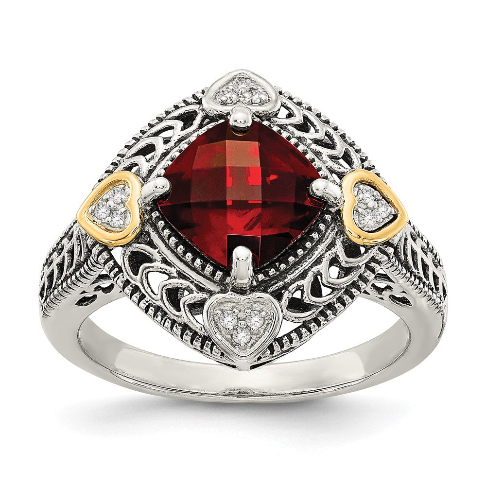Sterling Silver Antiqued w/14k Diamond & Garnet Ring