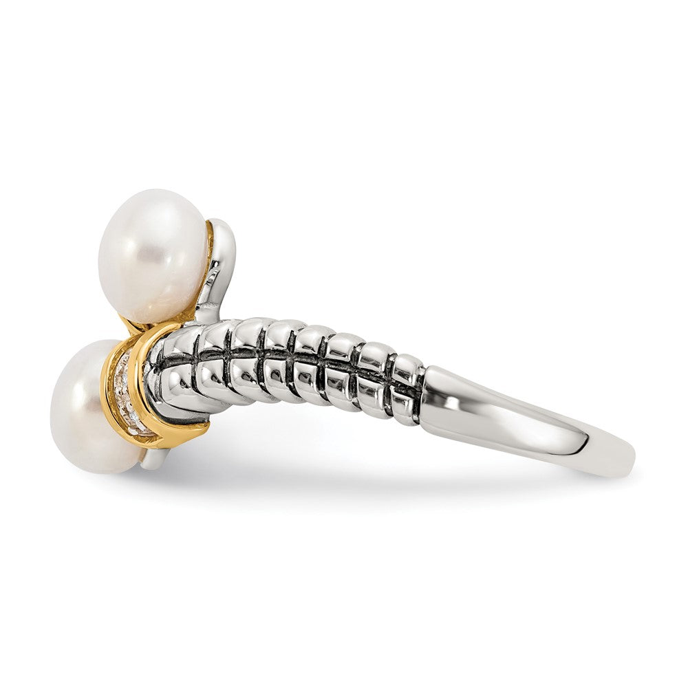Sterling Silver Antiqued w/14k FWC Pearl & Diamond By-Pass Ring