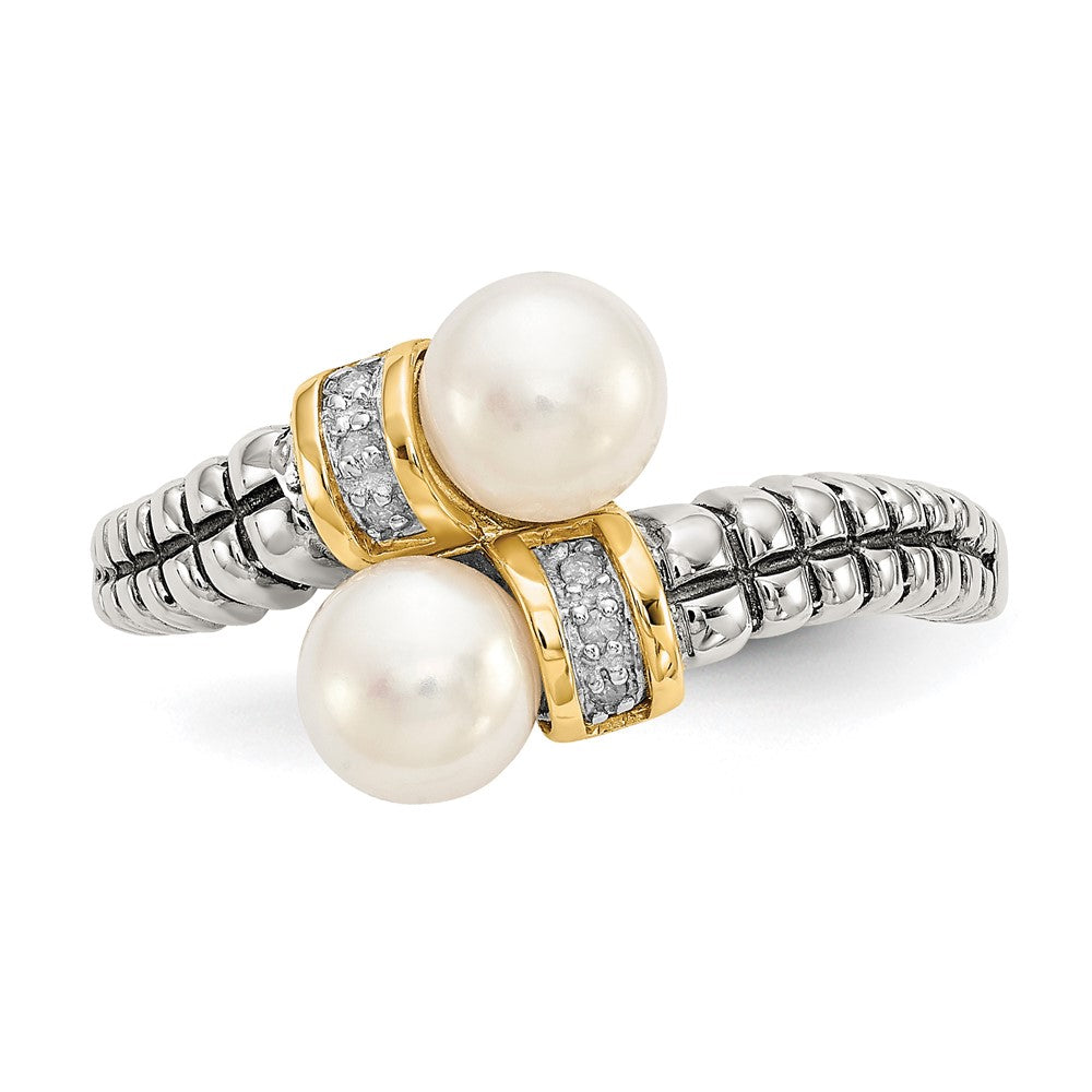 Sterling Silver Antiqued w/14k FWC Pearl & Diamond By-Pass Ring