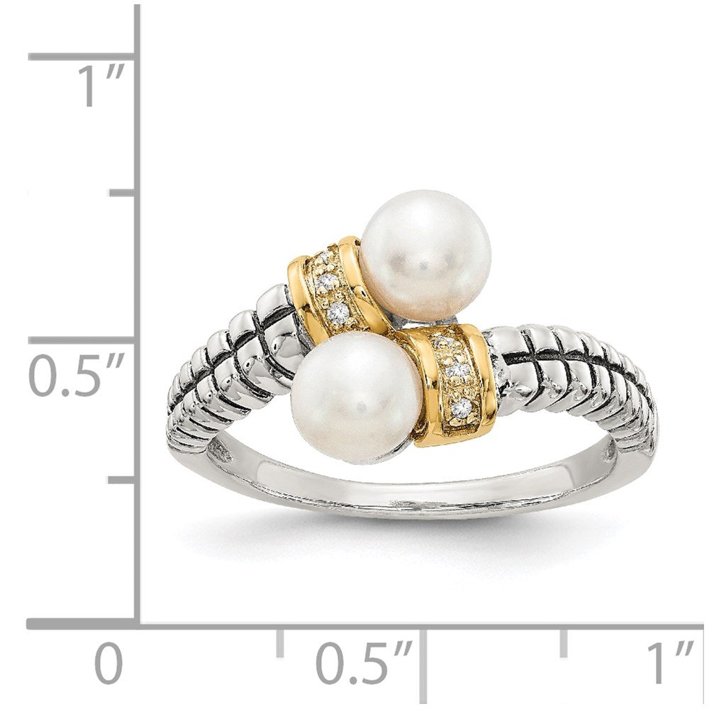 Sterling Silver Antiqued w/14k FWC Pearl & Diamond By-Pass Ring