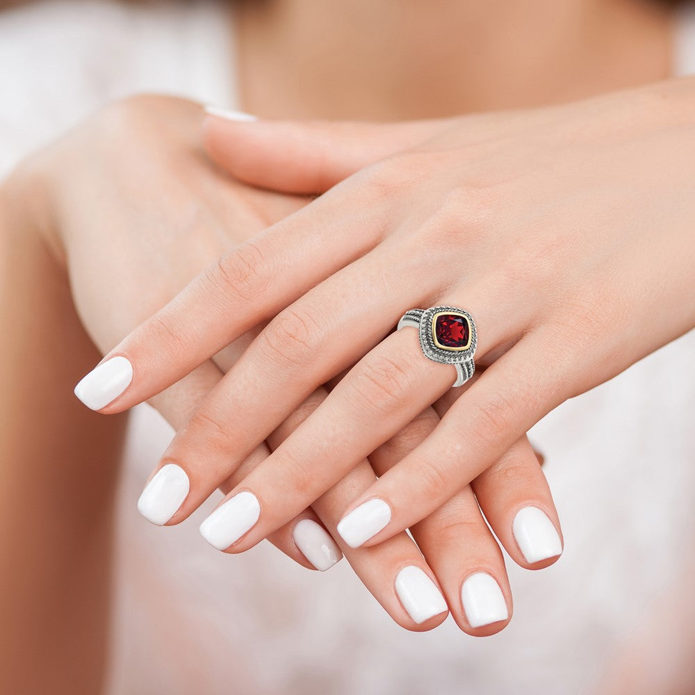 Sterling Silver Antiqued w/14k Garnet Ring