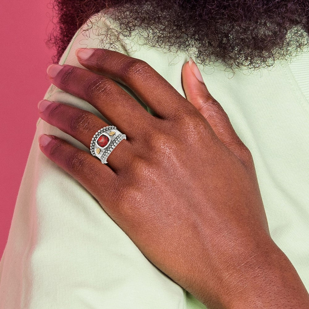 Sterling Silver Antiqued w/14k Garnet Ring