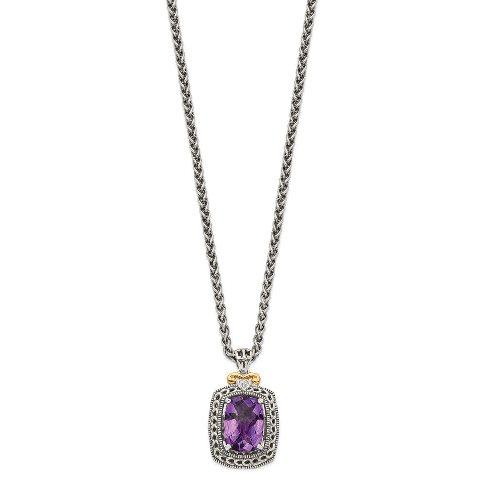 Sterling Silver Antiqued w/14k Diamond & Amethyst Necklace