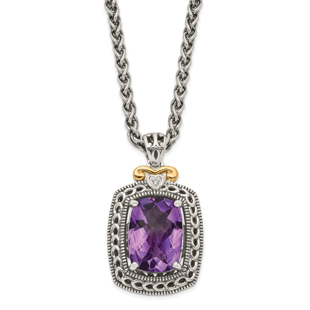 Sterling Silver Antiqued w/14k Diamond & Amethyst Necklace