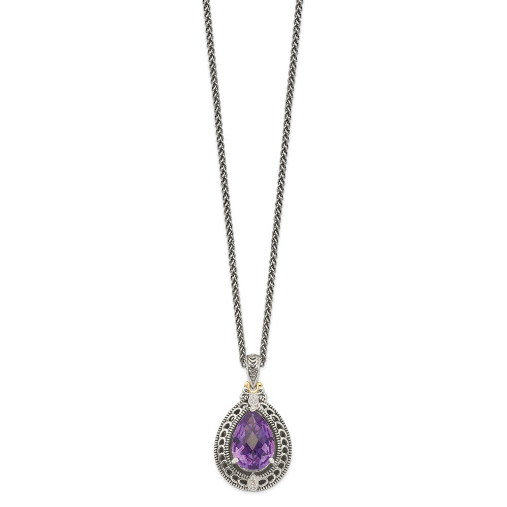 Sterling Silver Antiqued w/14k Diamond & Amethyst Necklace