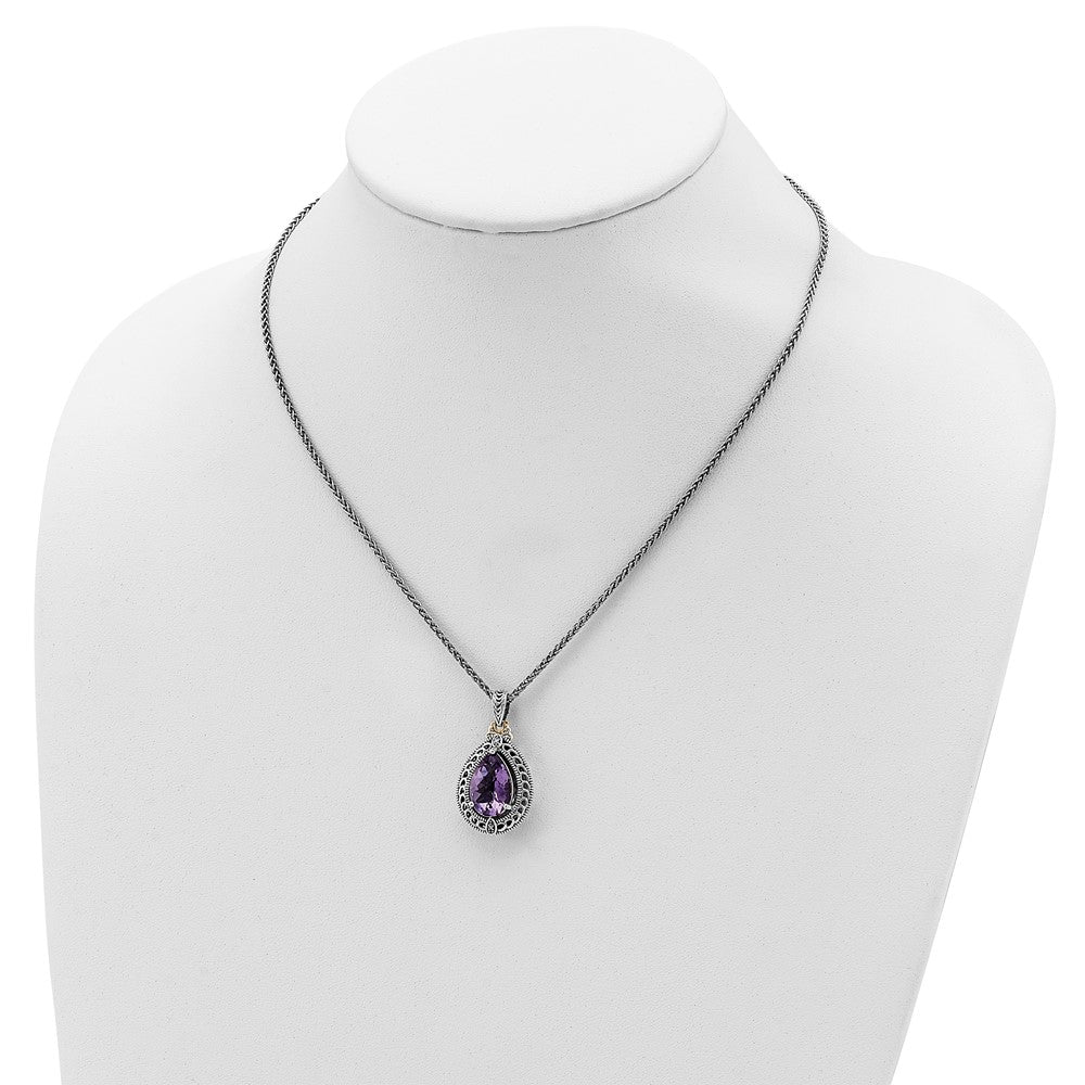 Sterling Silver Antiqued w/14k Diamond & Amethyst Necklace