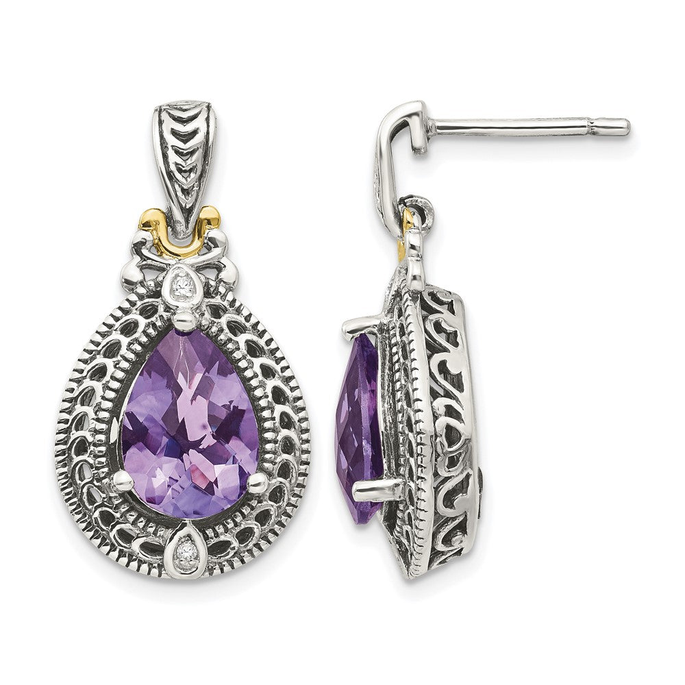 Sterling Silver Antiqued w/14k Diamond & Amethyst Earrings