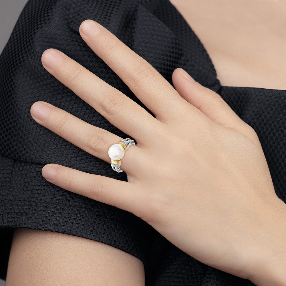 Sterling Silver Antiqued w/14k Diamond & FW Cultured Pearl Ring