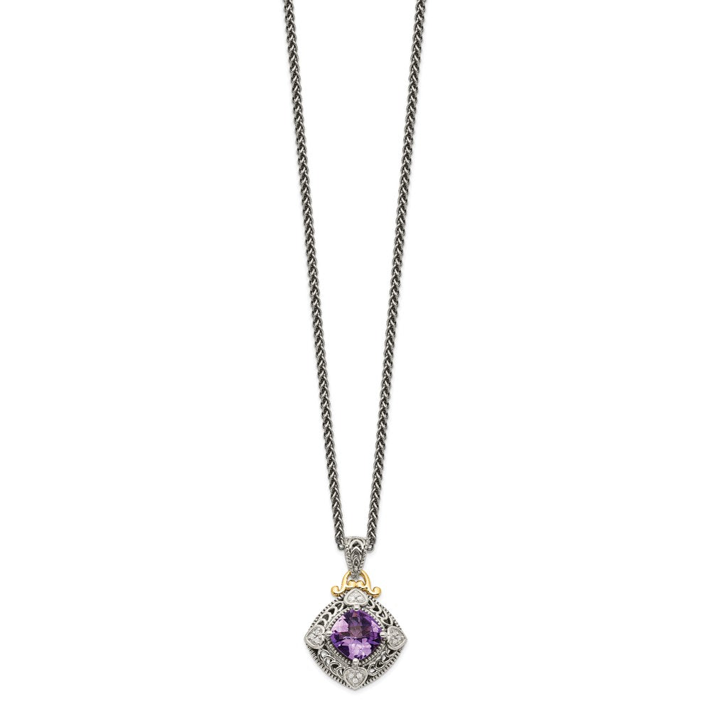 Sterling Silver Antiqued w/14k Diamond & Amethyst Necklace