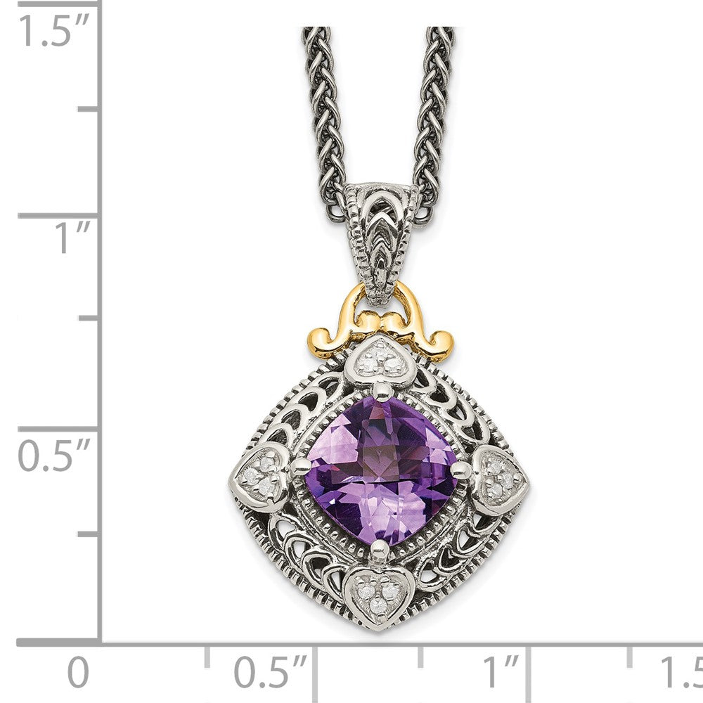 Sterling Silver Antiqued w/14k Diamond & Amethyst Necklace
