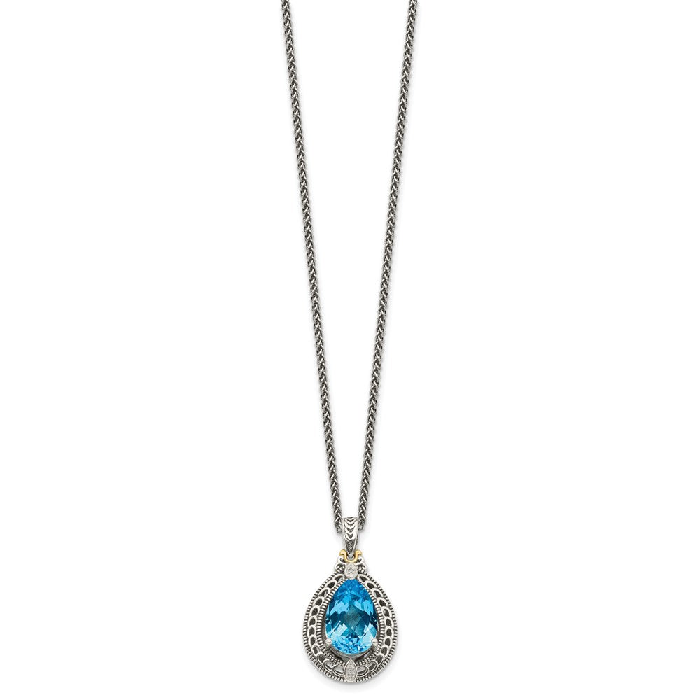 Sterling Silver Antiqued w/14k Diamond & Blue Topaz Necklace