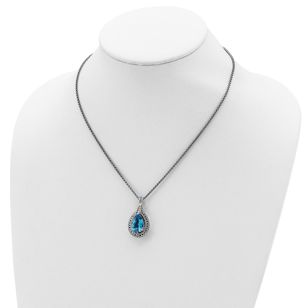 Sterling Silver Antiqued w/14k Diamond & Blue Topaz Necklace