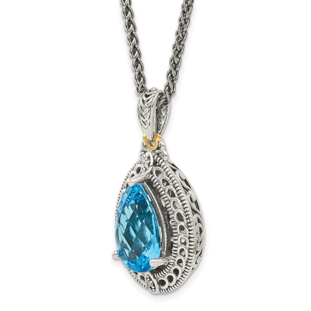Sterling Silver Antiqued w/14k Diamond & Blue Topaz Necklace