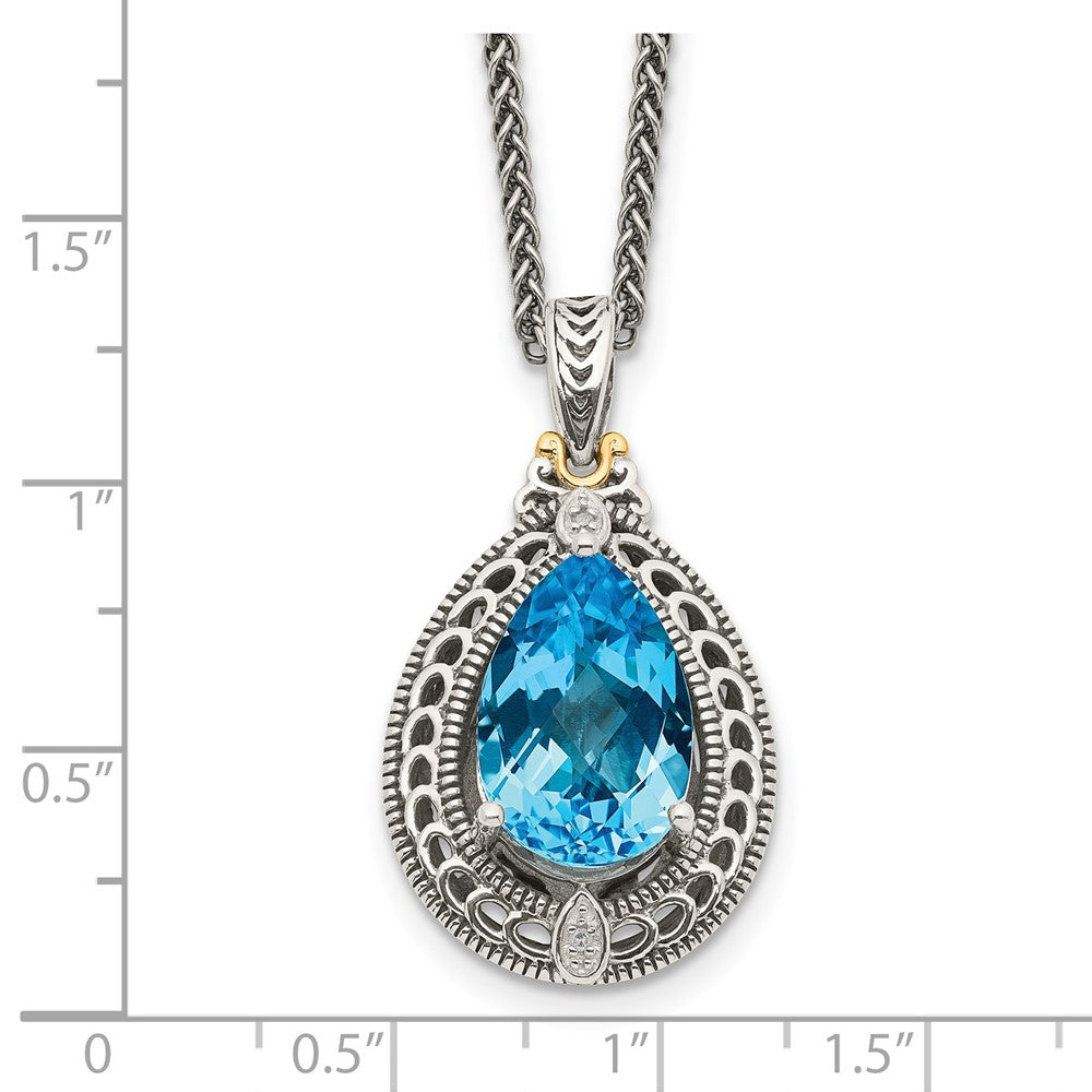 Sterling Silver Antiqued w/14k Diamond & Blue Topaz Necklace
