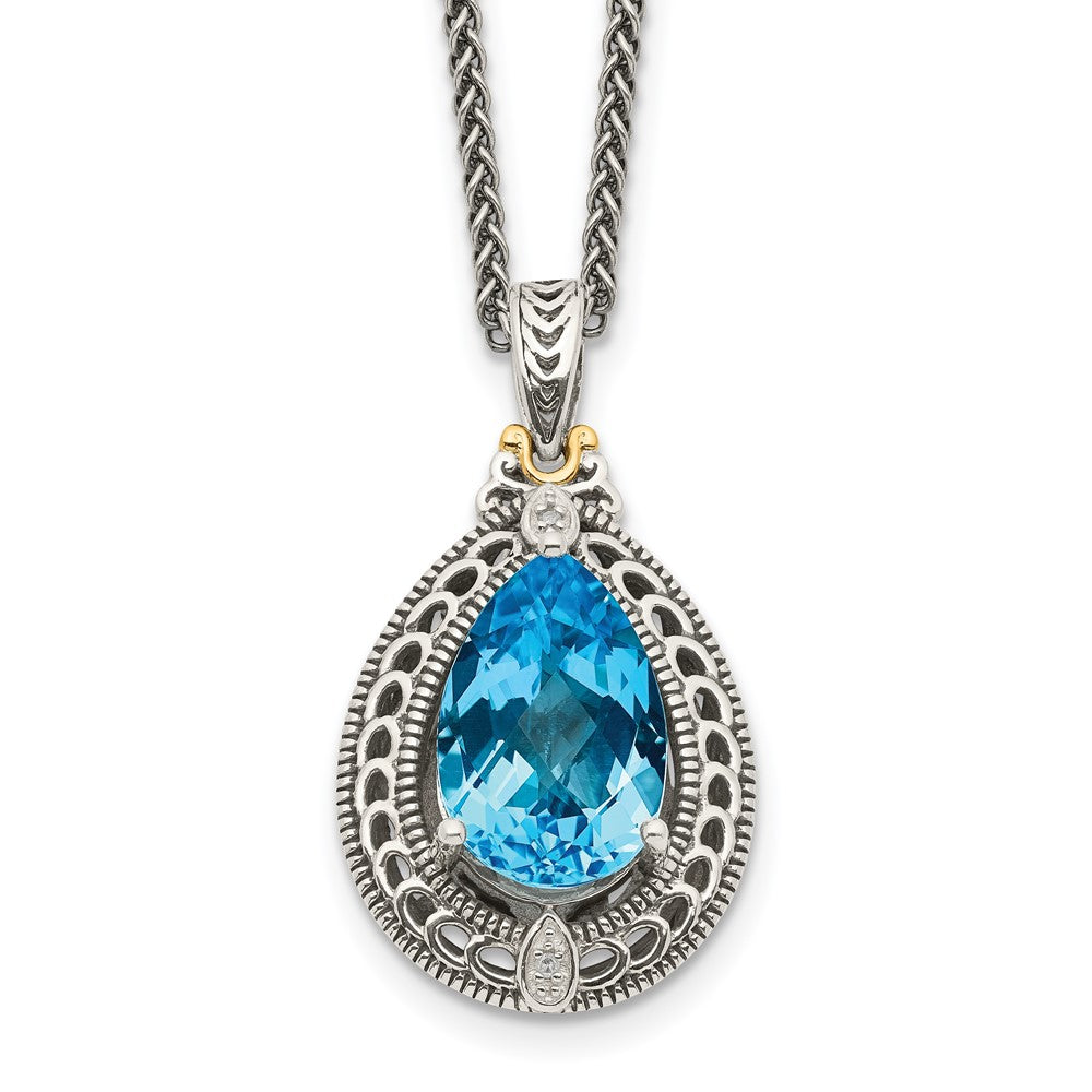 Sterling Silver Antiqued w/14k Diamond & Blue Topaz Necklace
