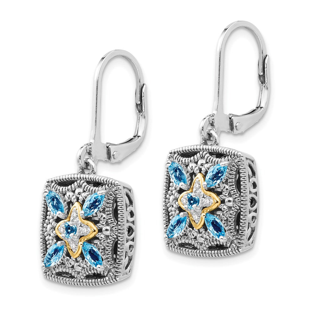 Sterling Silver Antiqued w/14k Diamond & Blue Topaz Earrings