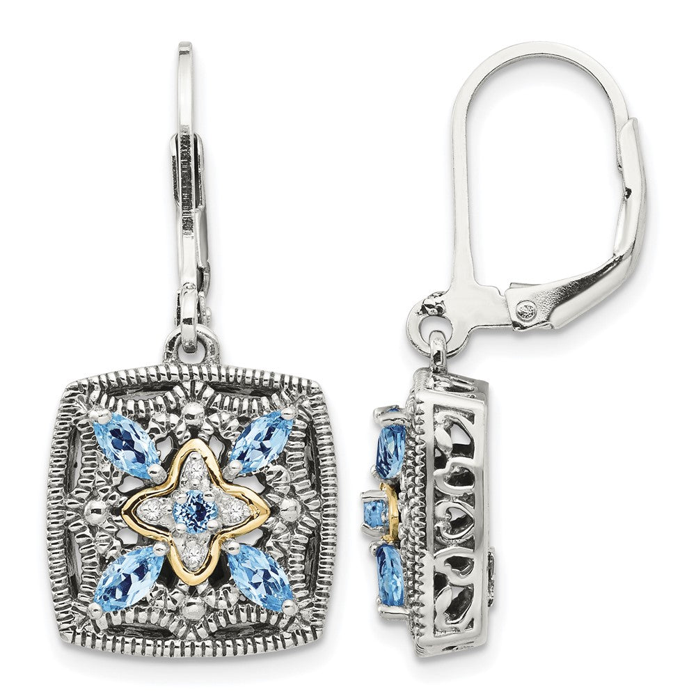 Sterling Silver Antiqued w/14k Diamond & Blue Topaz Earrings
