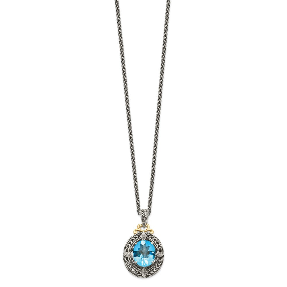 Sterling Silver Antiqued w/14k Diamond & Blue Topaz Necklace
