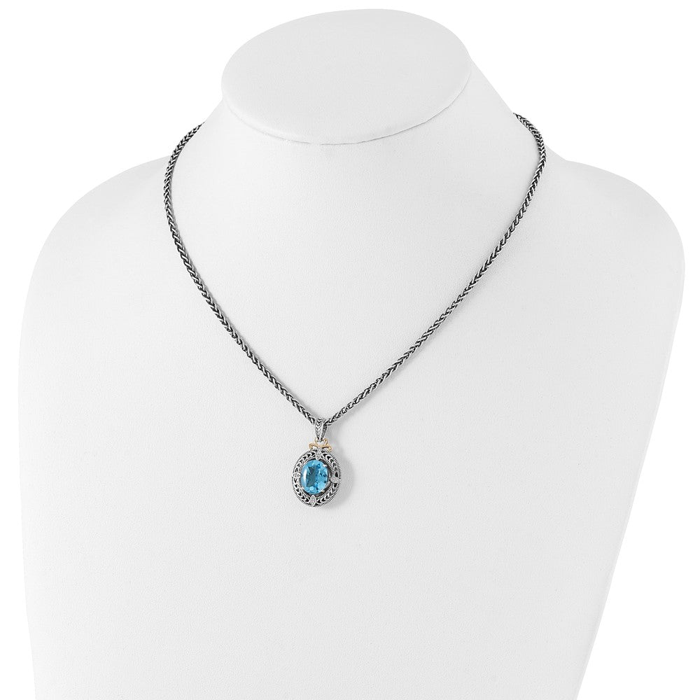 Sterling Silver Antiqued w/14k Diamond & Blue Topaz Necklace