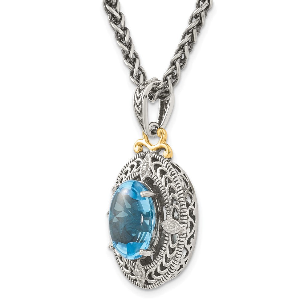 Sterling Silver Antiqued w/14k Diamond & Blue Topaz Necklace